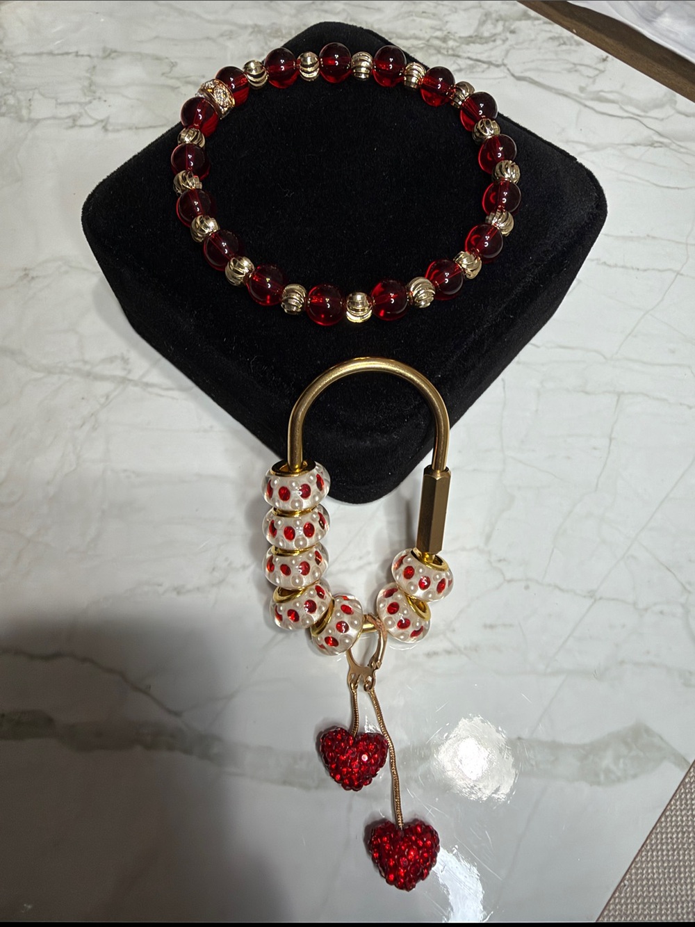 Red Bead Bracelet and Heart Charm Keyring Set - Gold Accents
